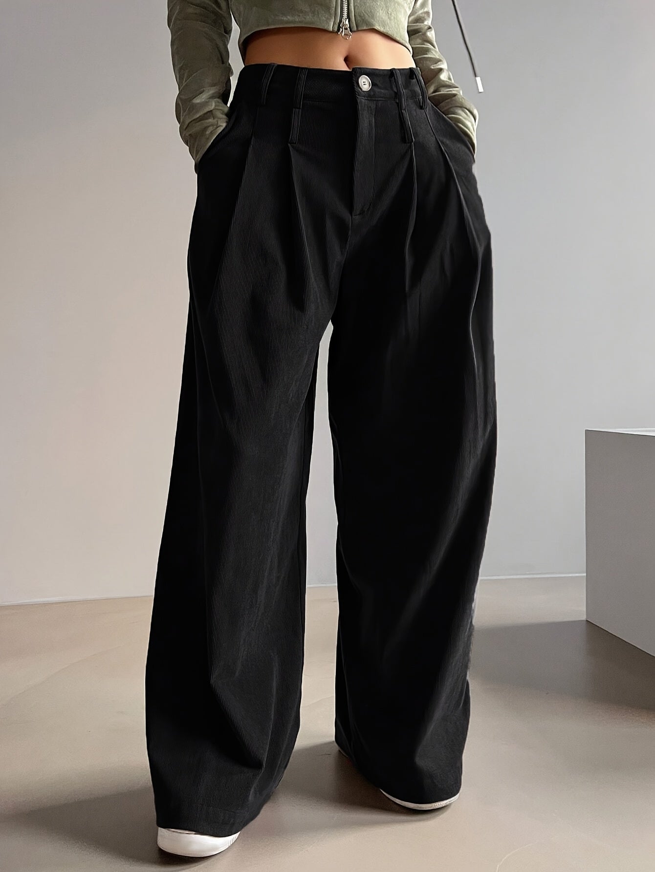 Pantalon Femme Élégant Taille Haute – Jambe Large, Hiver Épais, Boutons, Tissu Non Extensible, Bureau et Décontracté, Automne/Hiver