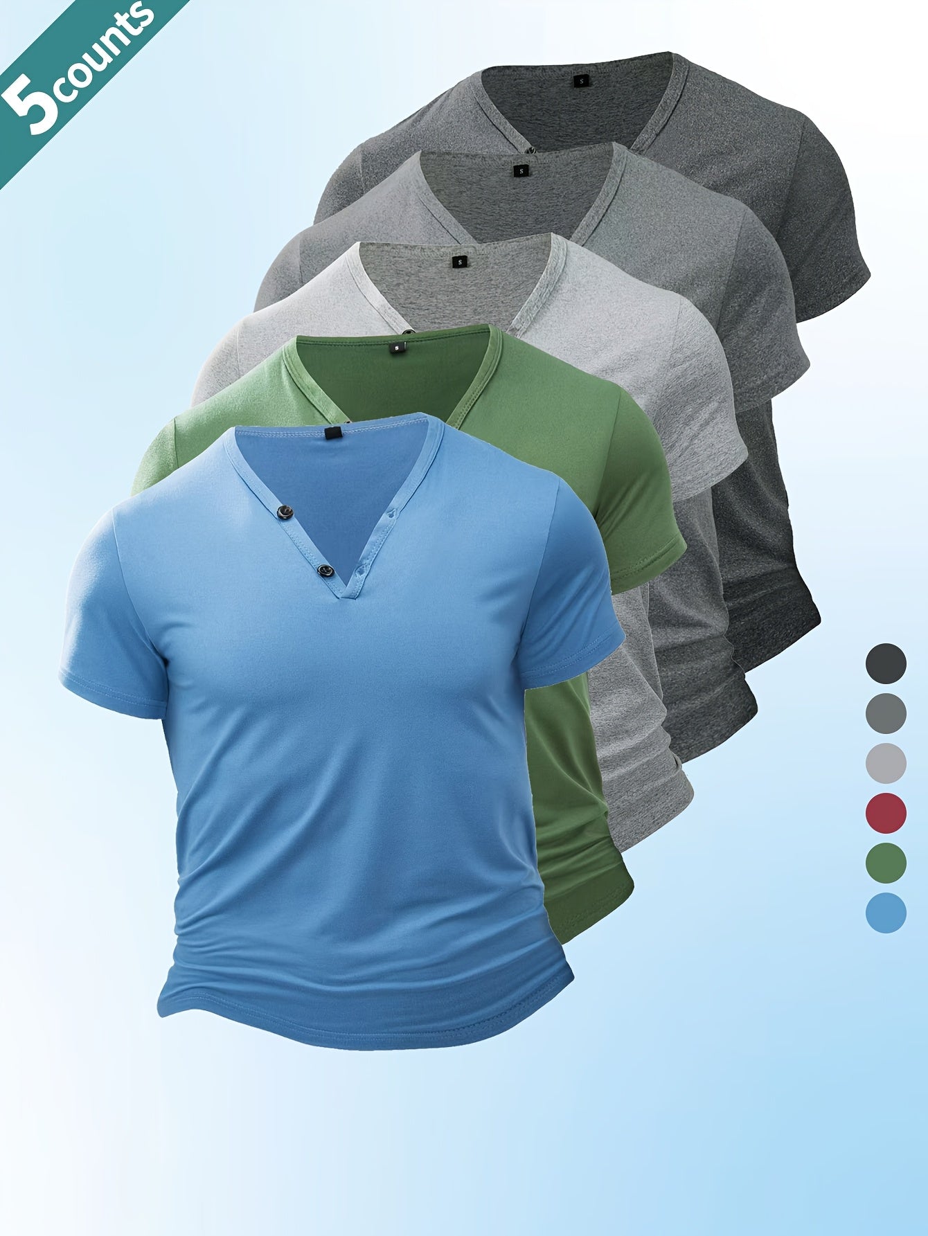 Lot de 5 Henley V-Neck Légers & Respirants Homme – Séchage Rapide