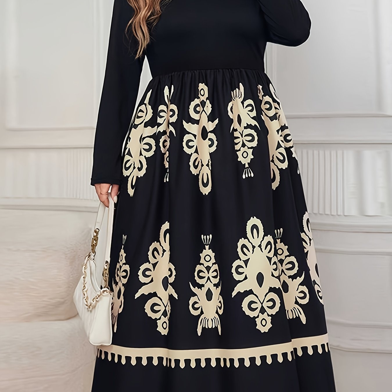 Robe Longue Grande Taille Élégante – Noir à Imprimé Floral, Col Rond, Manches Longues, Coupe A-Ligne, Idéale Mariages, Soirées, Prom et Événements Formels, Lavable en Machine