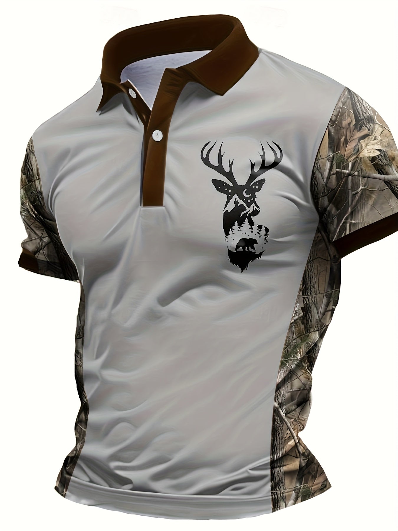 Men's Deer Head Print Camouflage Patchwork Fashion Shirt