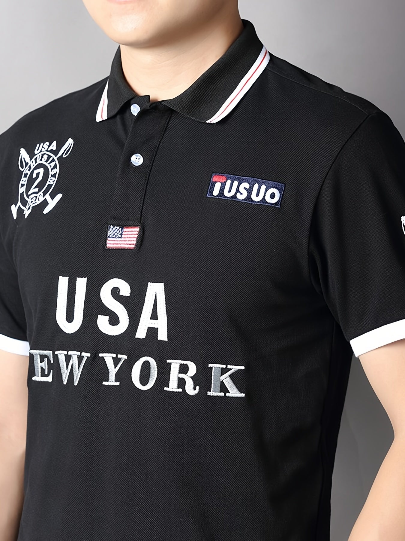 TS Men's Plus Size Slim-Fit Short Sleeve Shirt - 3D USA & New York Lettering Embellishment, Breathable Pure Cotton, Black with White Contrast Collar & Stripe, All-Season Casual & Semi-Formal Wear, Machine Washable Luxury Men'