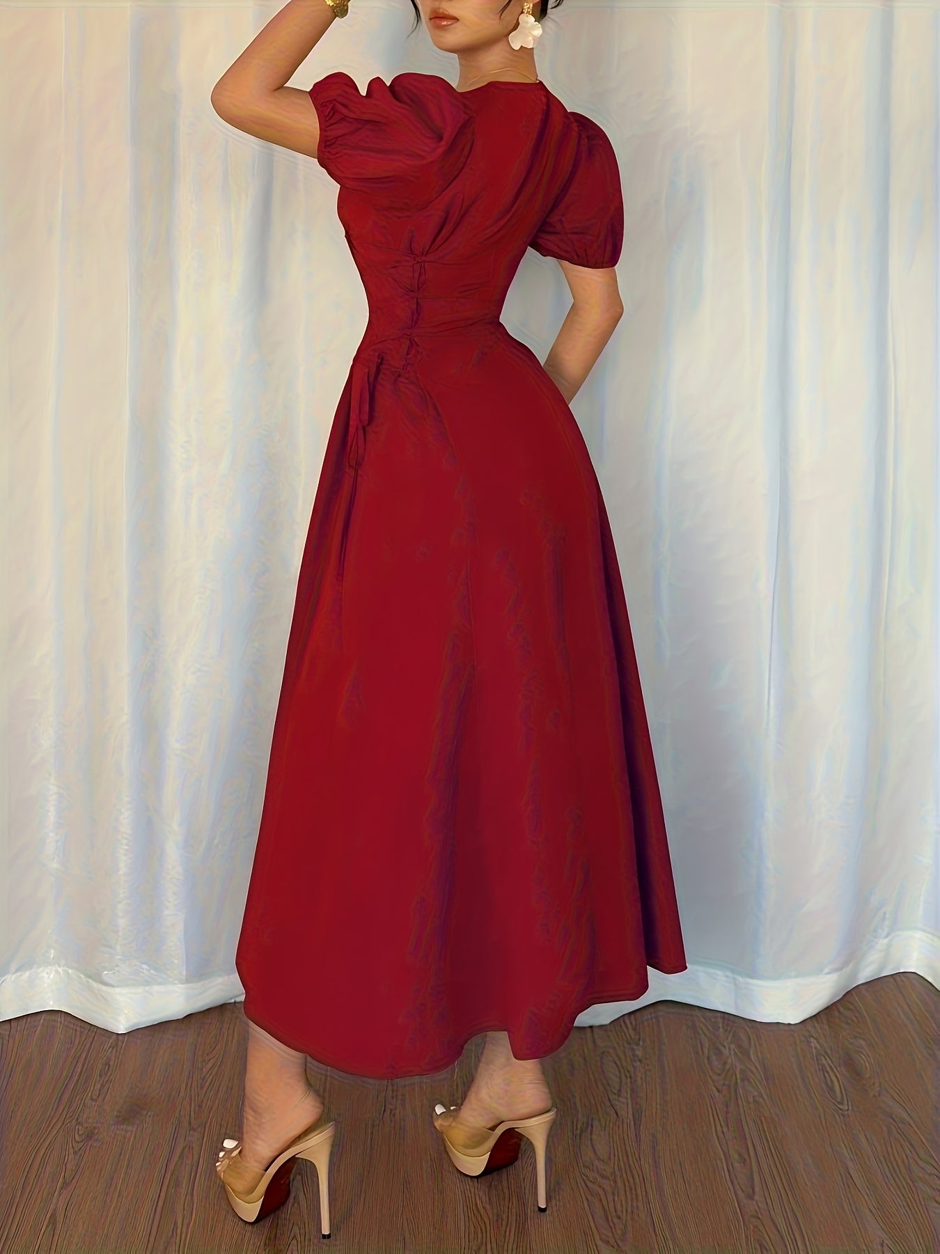 Solid Color Long Dress with Puff Sleeves, Ruffles, and Tie, Suitable for Vacation, Banquet, Party, Formal Wear, and Elegant Dress