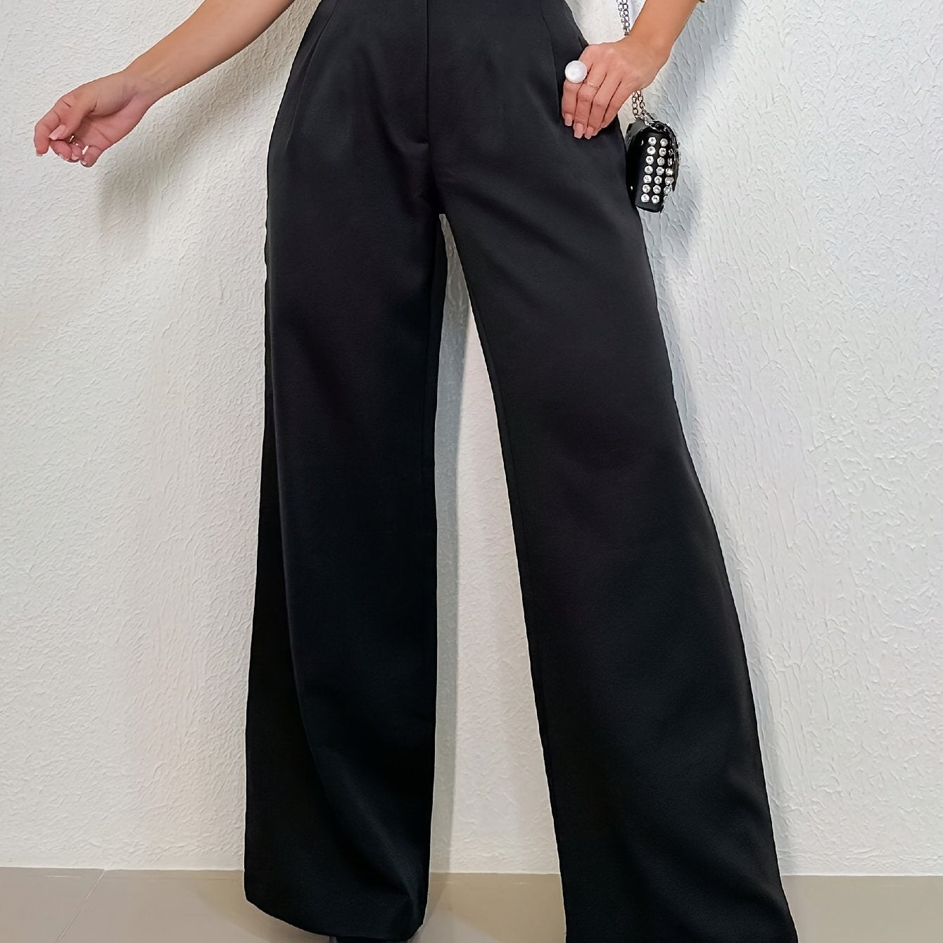 Pantalon Femme Taille Haute – Jambe Large, Bureau et Décontracté, Tissu Non Extensible, Fermeture Zippée, Noir, Tous Saisons