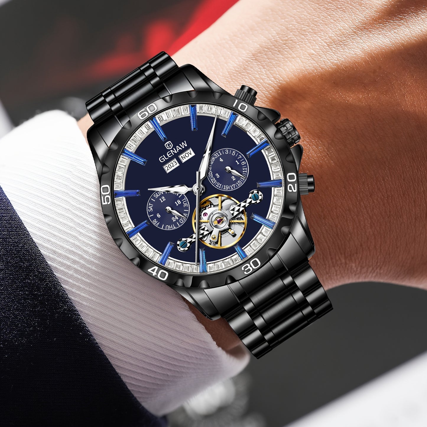 GLENAW Men's Automatic Mechanical Watch - Luxury Blue Dial with Golden accents, Date Display, Elegant Watch for Formal & Casual Attire - Ideal Gift for Men, Stylish Wristwatch, Sophisticated Timepiece, Highend Craftsmanship