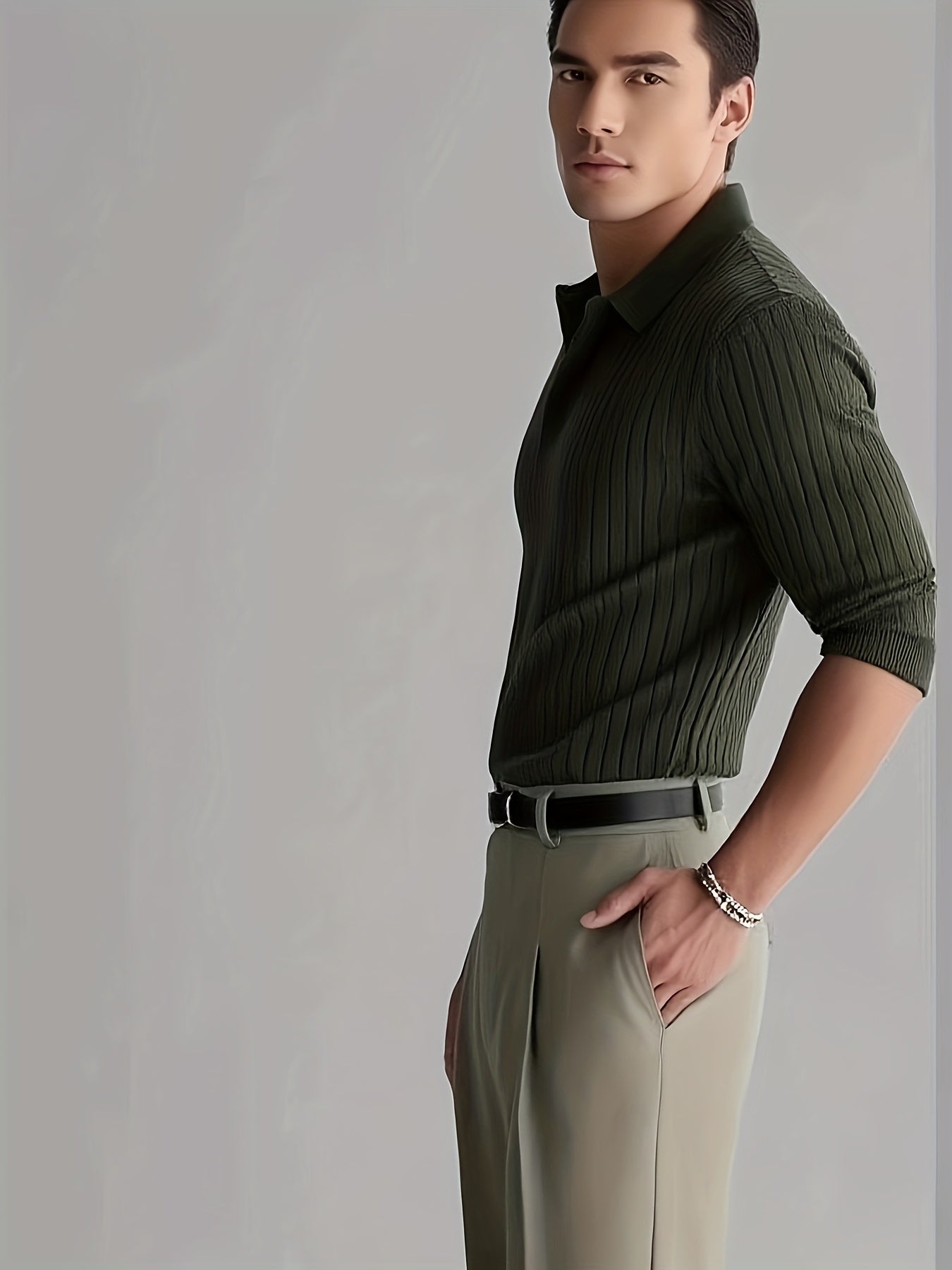 Iron Genghis OBM Men's Casual Long Sleeve Knit Sweater - Solid Color Ribbed Collar & Cuffs, High Elasticity Ribbed Texture, Regular Fit Autumn Winter Pullover, Ribbed Sweater, Everyday Pullover, Stylish Pullover, Highelastici