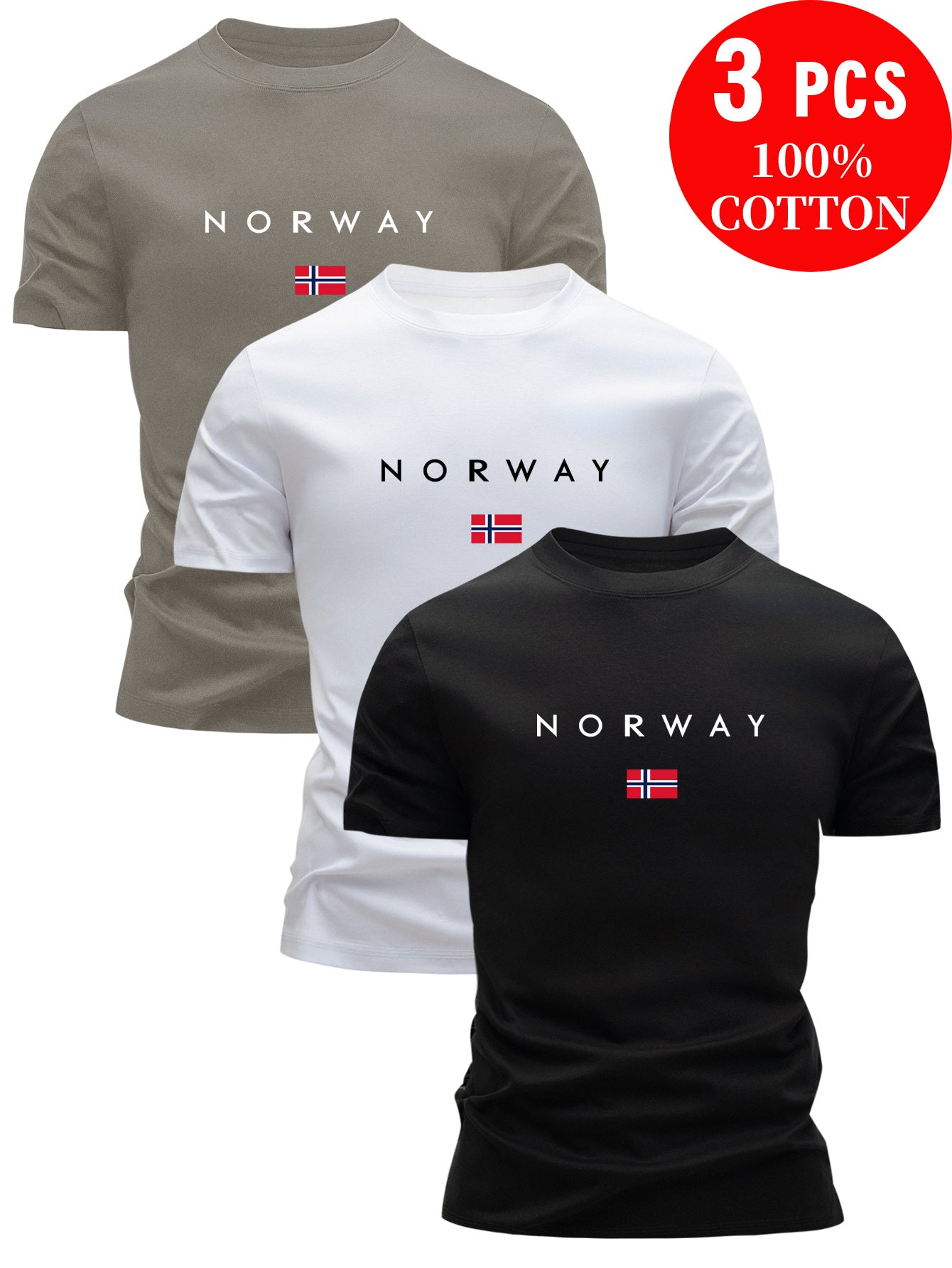 3pcs Men'S 100% Cotton T-Shirts - Breathable & Sweat-Wicking, Slim Fit Crew Neck Tops with "NORWAY" Graphic Print, Lightweight Summer Casual Tees in Light Blue, White, & Black, Cotton T Shirts, Sweat-Resistant
