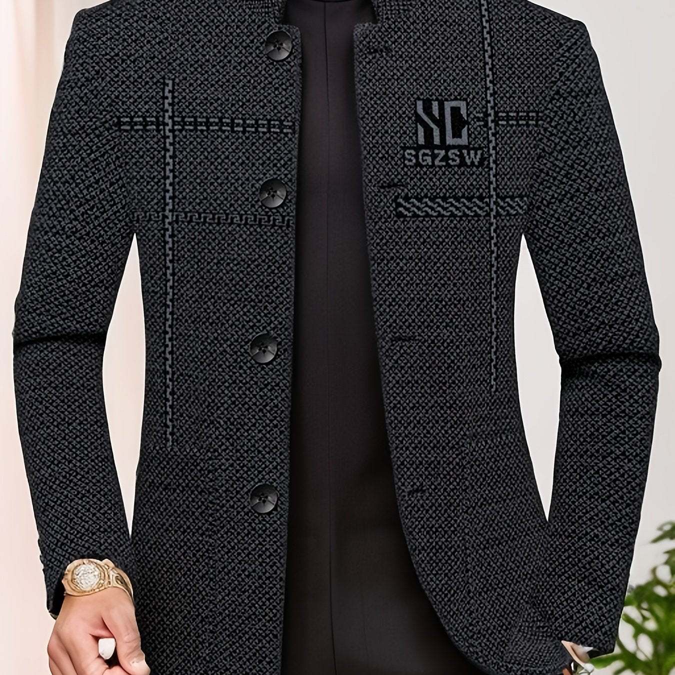 Men'S Stand Collar Business Casual Jacket | Non-Stretch Fabric, Alphabets Pattern, Long Sleeve, Single Breasted, Regular Fit for Spring/Fall