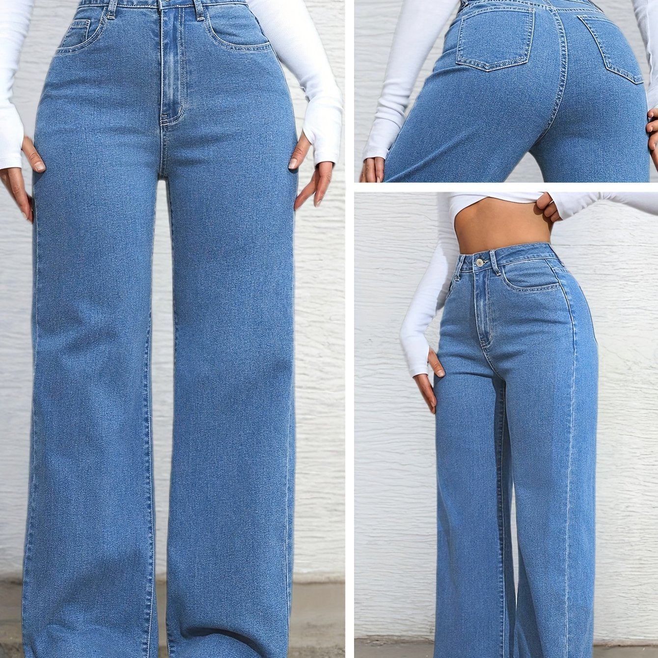 Pantalon Femme Taille Haute en Denim Extensible – Coupe Large Décontractée, Fermeture Boutons, Jean Bleu Clair Lavé, Confort Toutes Saisons, Tissu Durable, Mode et Confortable