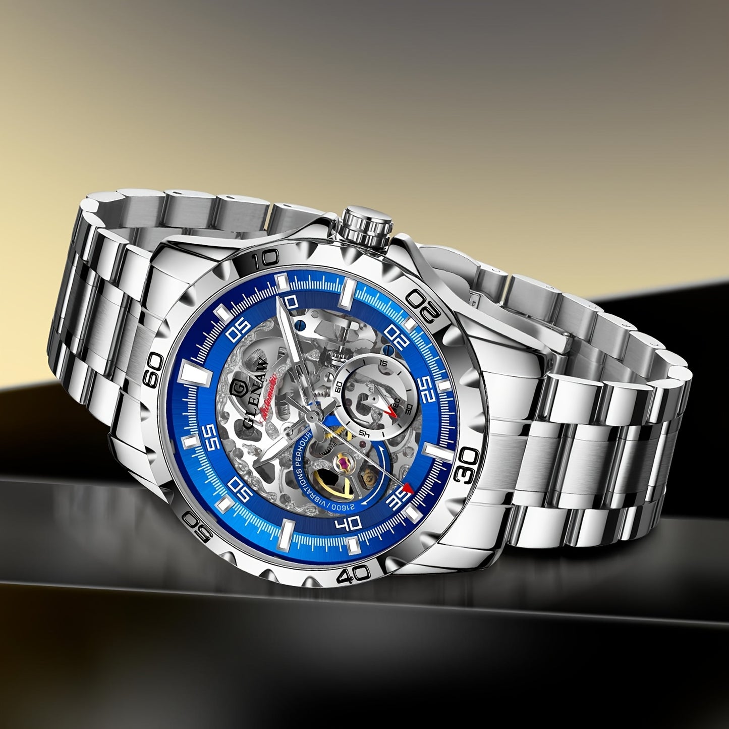 Men'S Automatic Watch with Flying Tourbillon Rotating Skeleton Mechanism - Stainless Steel Strap, Golden-Tone Dial, Mechanical Self-Winding Movement, Without Battery, Casual Style, Pointer Display