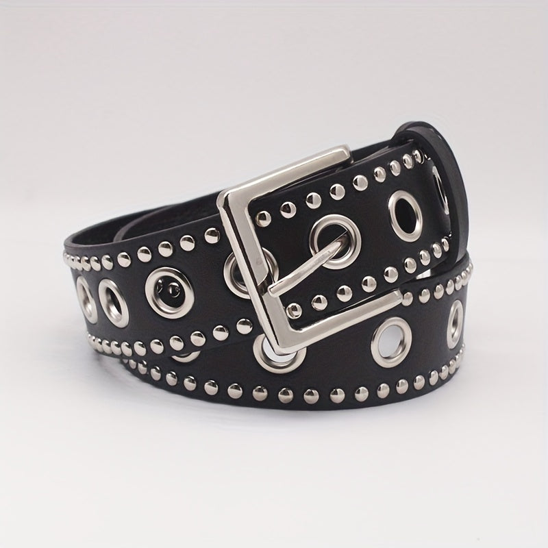 Ceinture punk cloutée à œillets – Ceinture PU noire style hip-hop, tendance pour jeans et pantalons, pour femmes et hommes