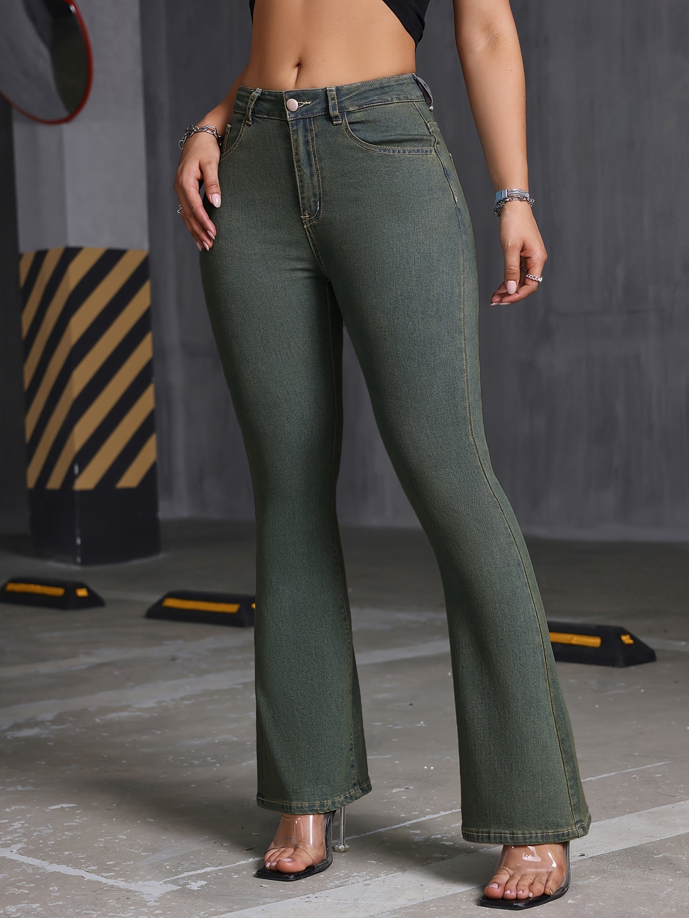 Jean stretch pour femme - Pantalon en denim uni sexy à jambes évasées, avec poches, idéal en toute saison