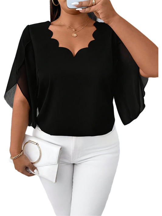 Blouse Femme Grande Taille Élégante – Manches Mi-Longues, Col Classique, Tissu Non Extensible, Tous Saisons