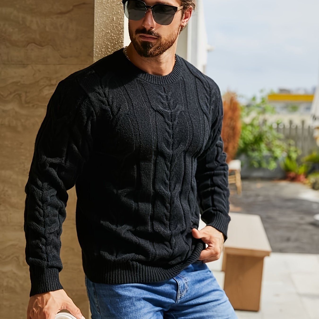 Men's Casual Striped Pullover Sweater - Soft Stretch Knit Crewneck Long Sleeve, Machine Washable H-Fit Ribbed Trim for Autumn Winter, Medium Elasticity Fabric