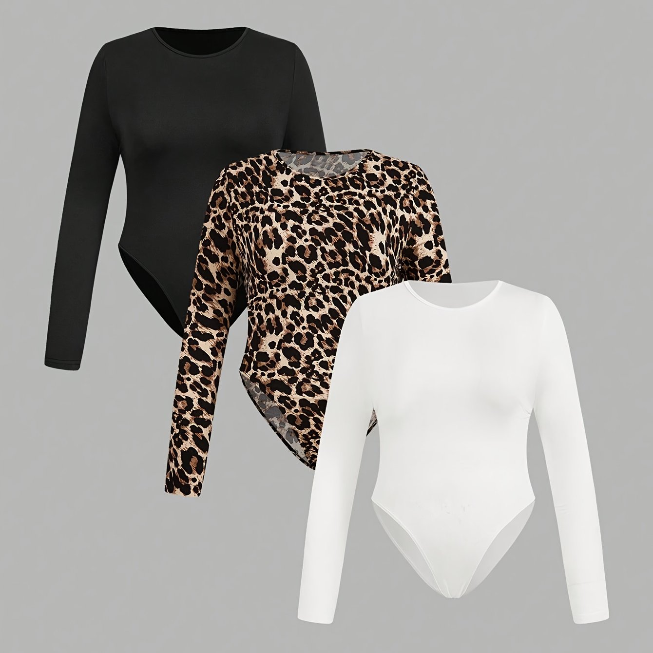 Ensemble 3 pièces grande taille pour femmes – T-shirts ajustés à manches longues, col rond, couleur unie et imprimé léopard, casual