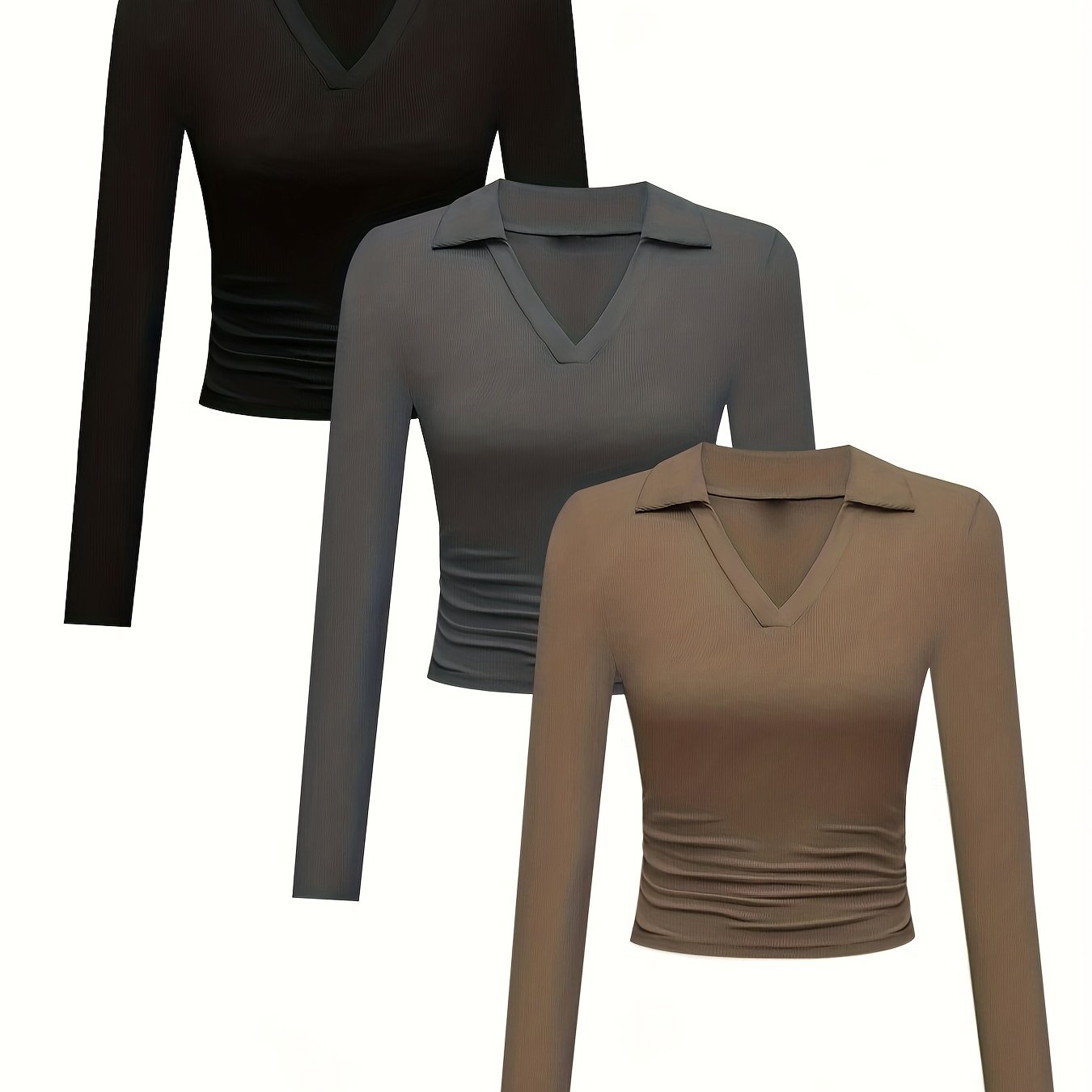 Ensemble 3 t-shirts côtelés col en V manches longues pour femmes – top printemps/automne