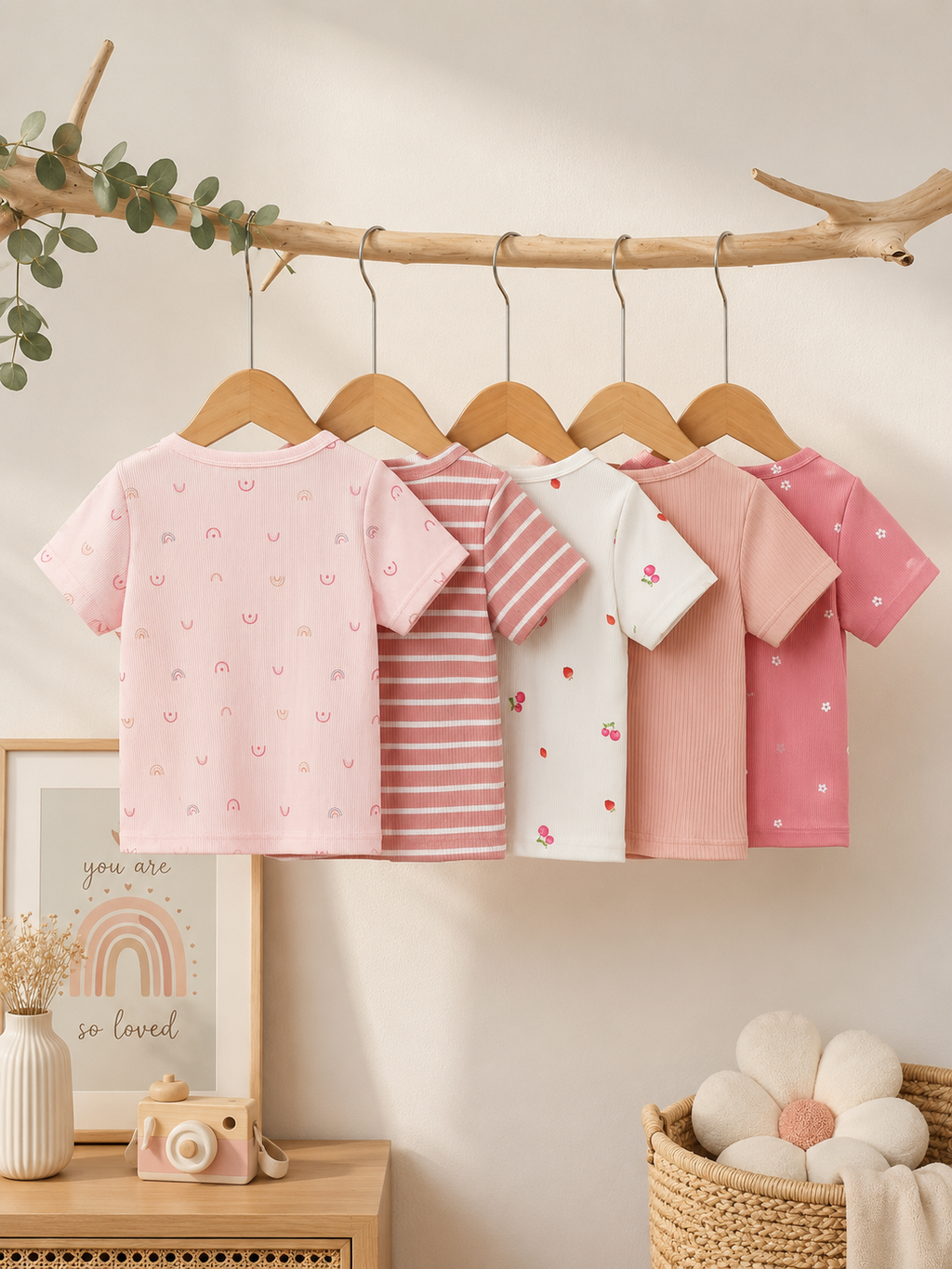 5-Pack Baby Girl Short Sleeve T-Shirts – Rainbow, Floral, Cherry & Striped Cotton Tops