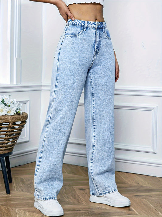 Jeans Femme Extensible Bleu Coupe Ample Effet Décoloré Jambe Droite Poches Confort Large Décontracté Élégant Bureau et Voyage