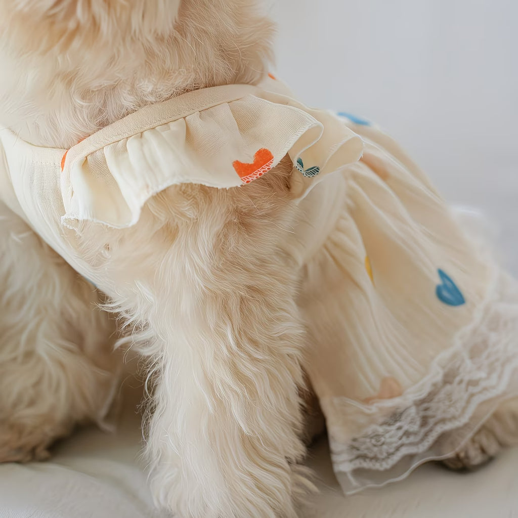 Four-Season Pet Dress for Cats & Dogs – Colorful Heart Print Chiffon Princess Dress