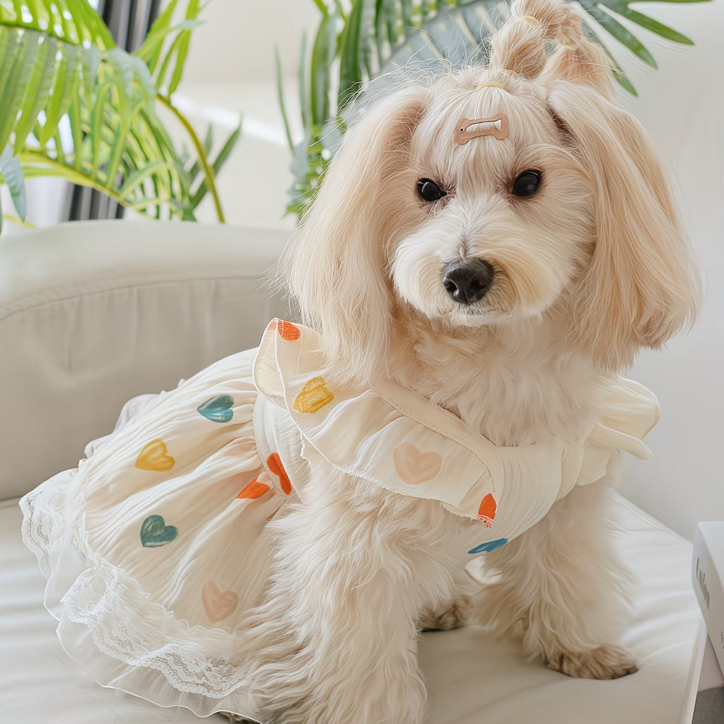 Four-Season Pet Dress for Cats & Dogs – Colorful Heart Print Chiffon Princess Dress
