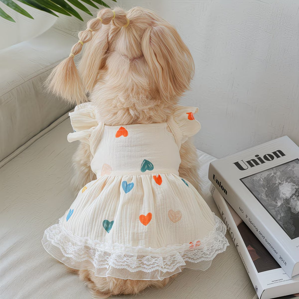 Four-Season Pet Dress for Cats & Dogs – Colorful Heart Print Chiffon Princess Dress